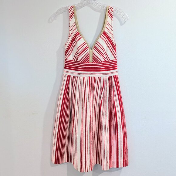 ANTHROPOLOGIE Postmark Striped Poppy Dress 6P Petite Red White Tan Pockets - Picture 3 of 8